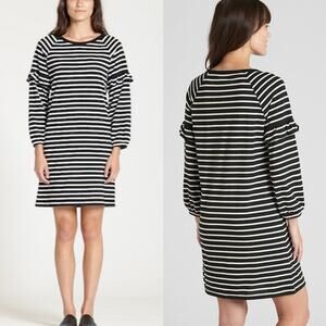 THE GREAT Stripe Ruffle Balloon Sleeve Mini Dress Black White Size 0 US / XS